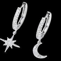 Asymmetric Celestial Hoop Earrings – Moon & Star Charms with Crystal Detail 1128