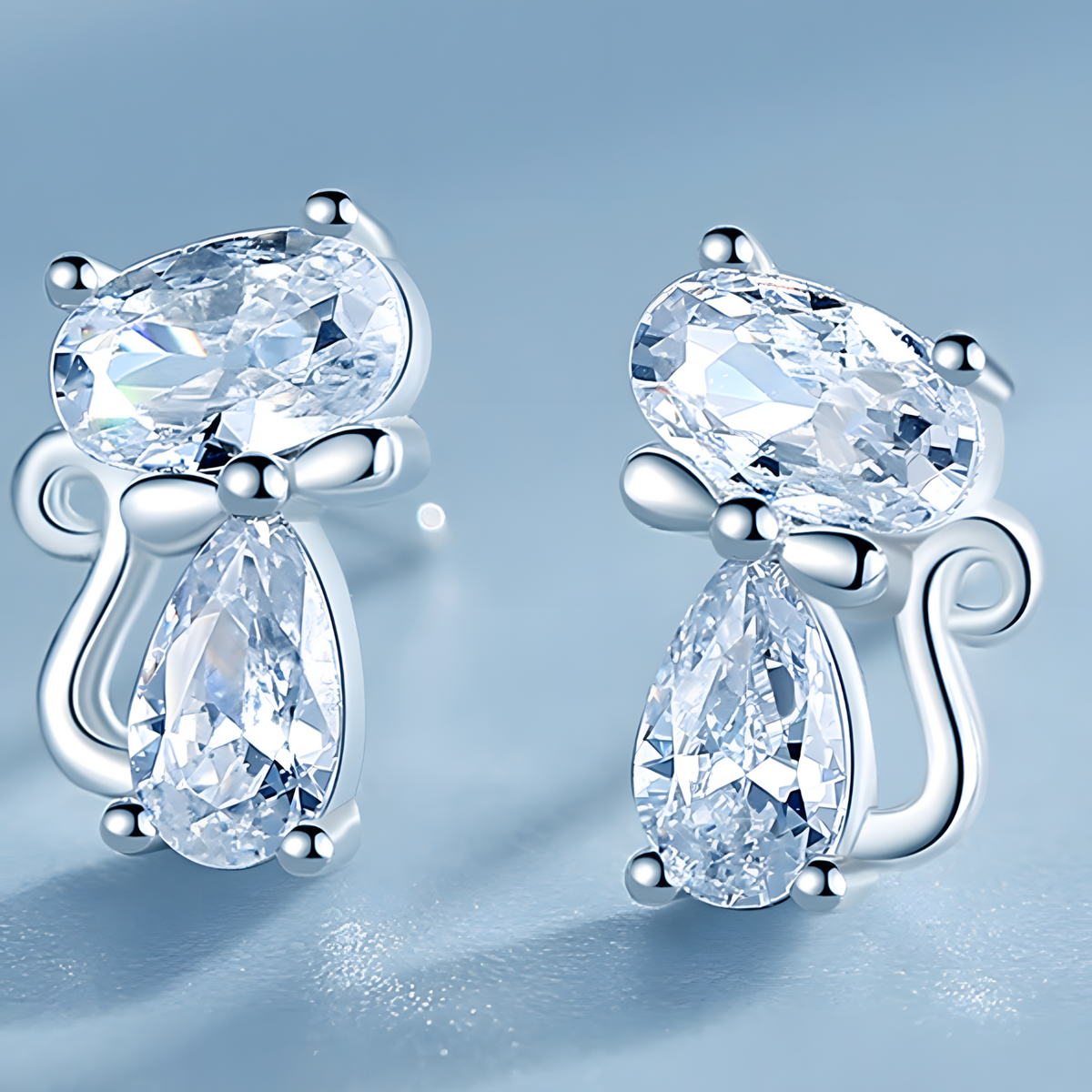 Cat Stud Earrings For Women - Faceted Oval & Teardrop Cubic Zirconia 1436