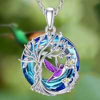 Tree of Life Hummingbird Necklace 925 Sterling Silver Pendant Blue Crystal - B57