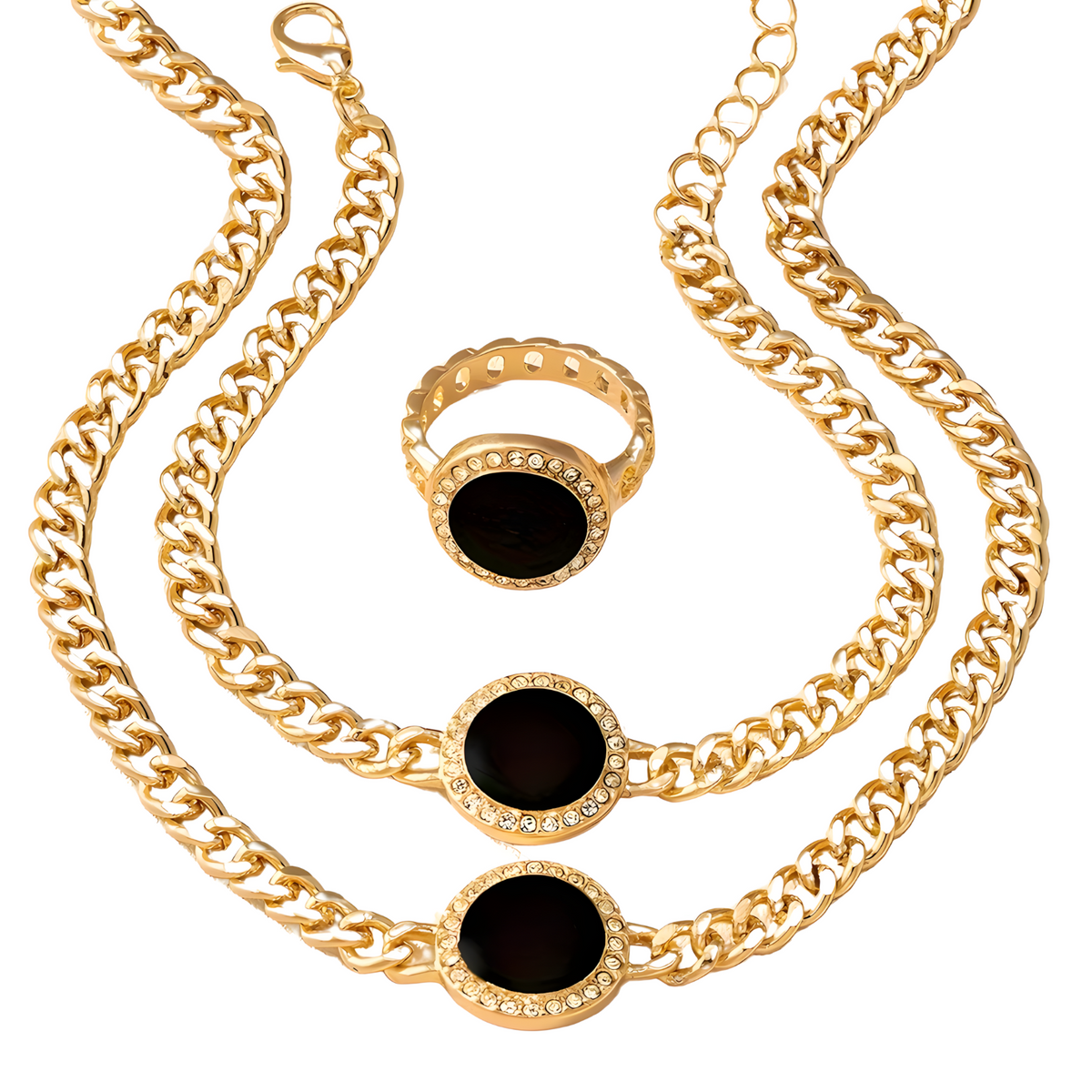 Black Round Pendant Gold Chain Necklace Bracelet Ring Set – Elegant 3-Piece 685