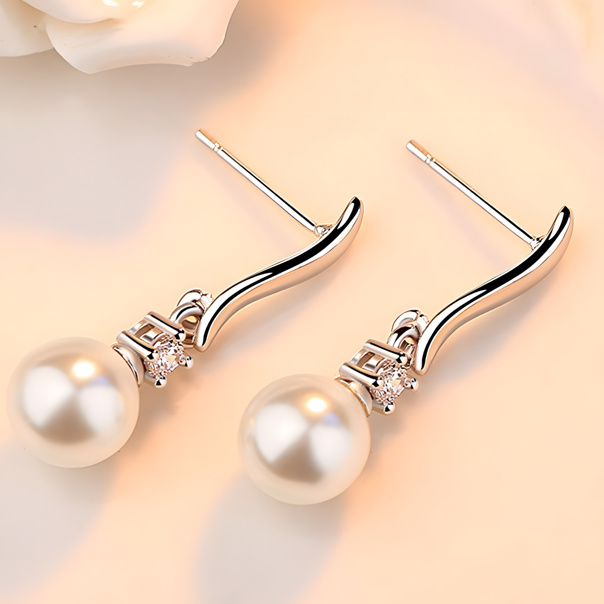 925 Silver-Plated Pearl Drop Earrings for Women – Elegant Round Pearl Zircon 906