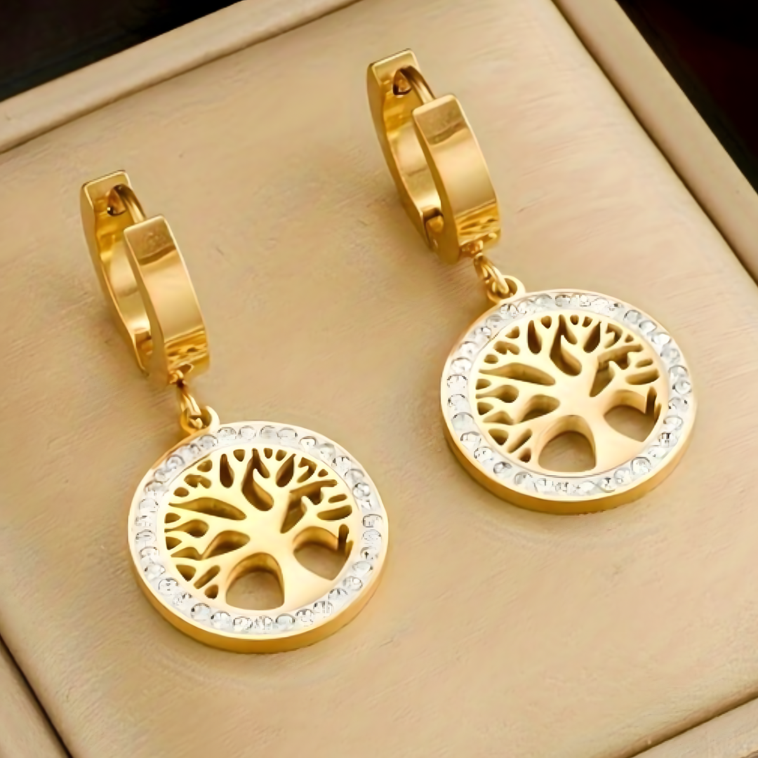 Tree of Life Drop Earrings – 18K Golden Plated Stainless-Steel Hoops 739