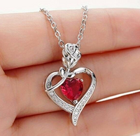 925 Silver Plated Elegant Rose Zircon Heart Hollow Ruby Pendant Necklace 22 UK