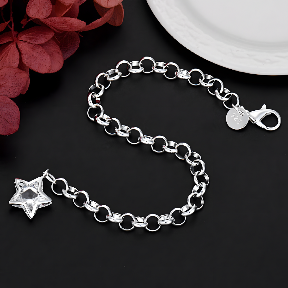 Star Charm Bracelet For Women - Round Link Chain, Crystal Look Star Pendant 1790