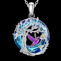 Tree of Life Hummingbird Necklace 925 Sterling Silver Pendant Blue Crystal - B57