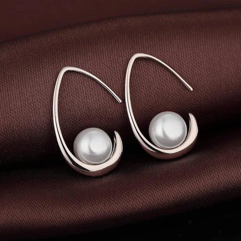 Pearl Style Zircon Drop Earrings Women – Geometric Silver-Tone Hook Design 1021