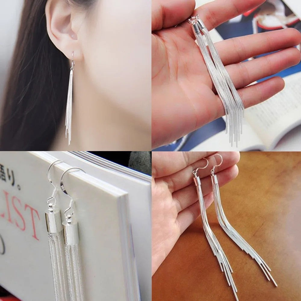 Long Silver Tassel Drop Earrings Women Multi-Strand Stainless Steel & Zinc 1001