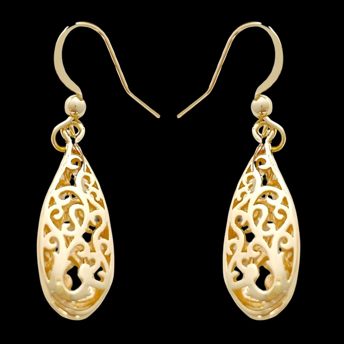 Gold Plated Brass Filigree Teardrop Dangle Earing Elegant Lightweight Design B19