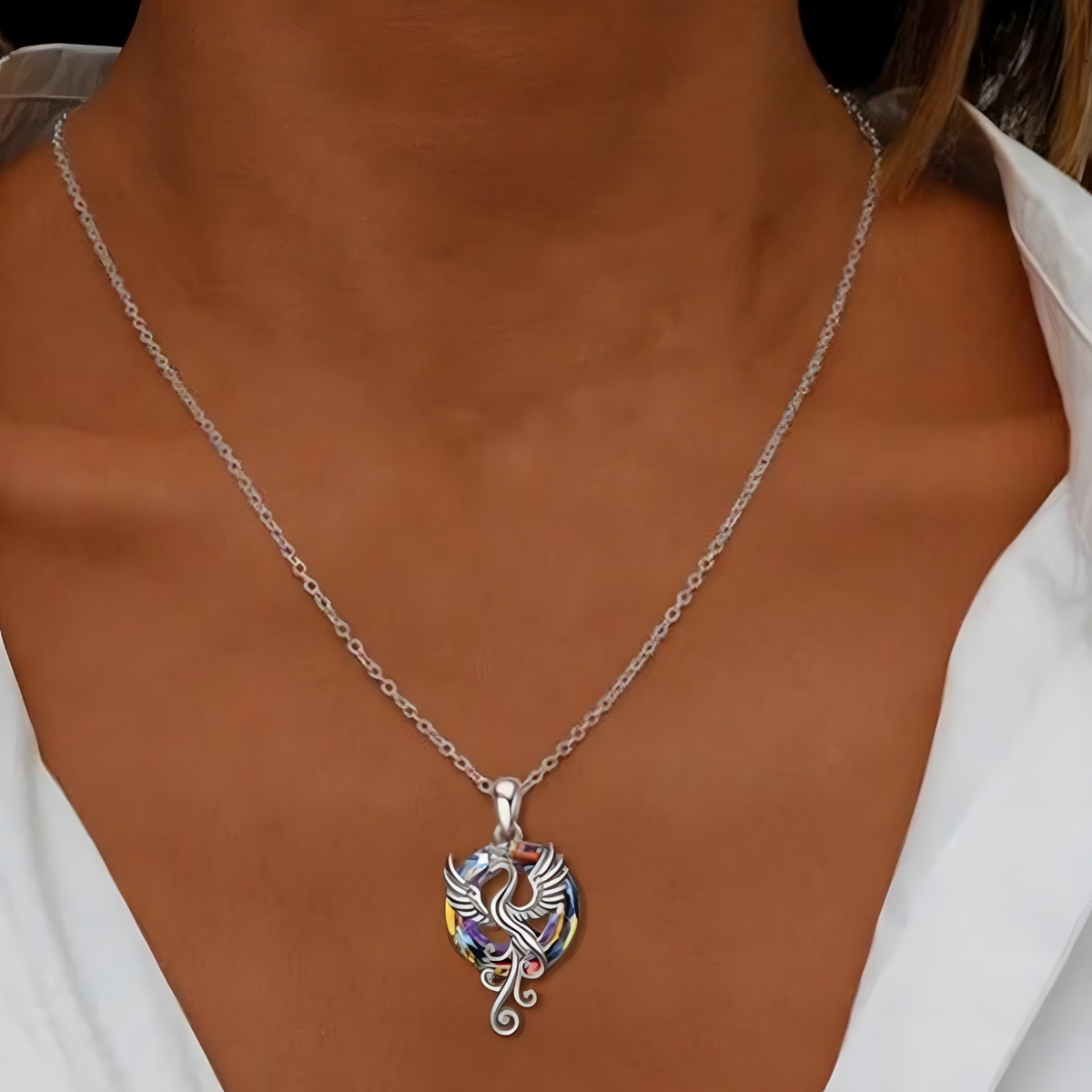 Stainless Steel Phoenix Pendant Necklace Women, Multicolor Crystal Circle 1256