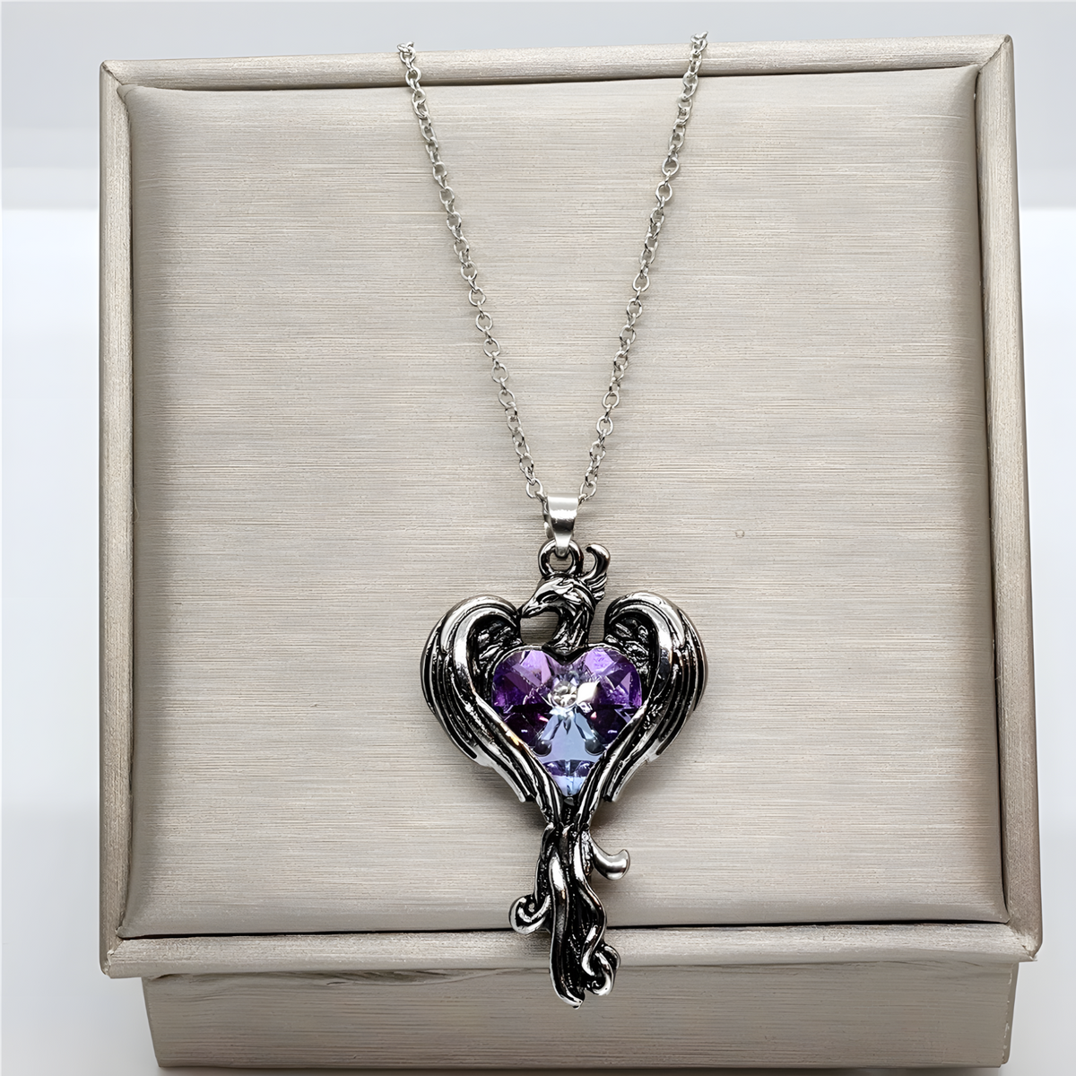 Phoenix Heart Necklace    Gothic Fantasy Firebird Pendant Mystical Winged 1183