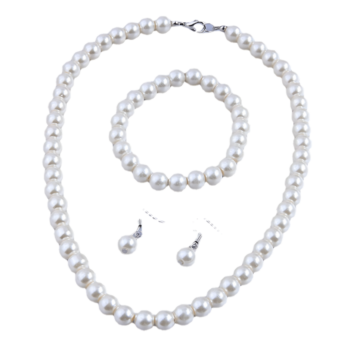 3 Piece Pearl Bead Jewelry Set - White Pearl Necklace, Bracelet & Earrings 714