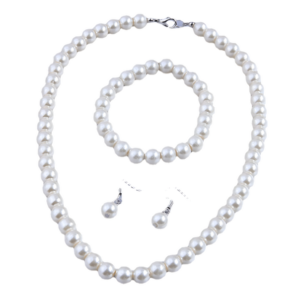 3 Piece Pearl Bead Jewelry Set - White Pearl Necklace, Bracelet & Earrings 714