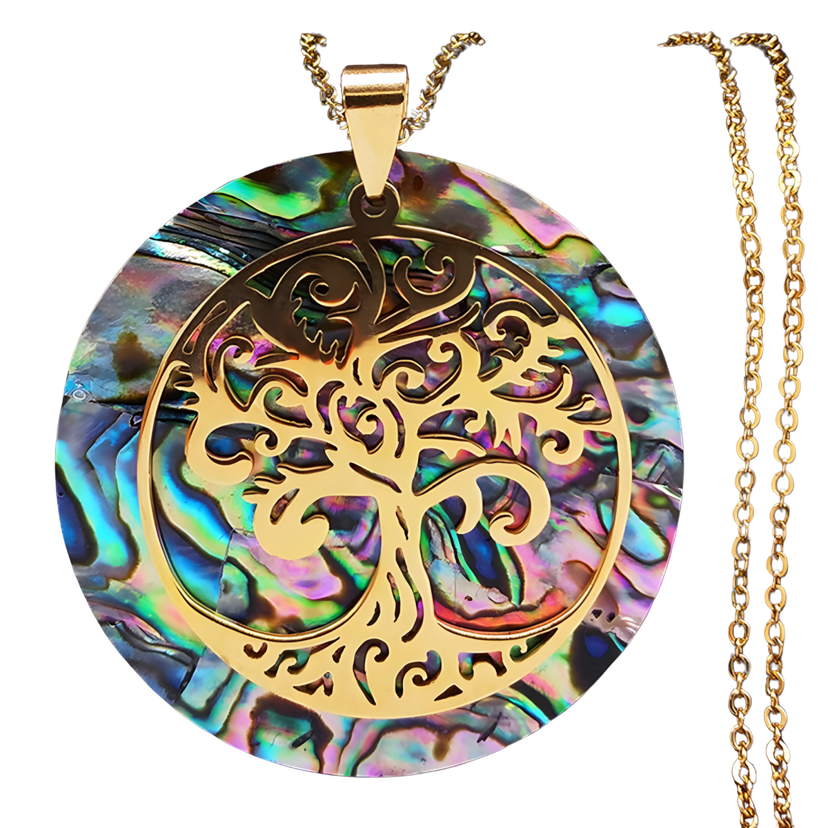 Unified Jewellery Abalone Tree of Life Gold Tone Necklace Natural Iridescent B65
