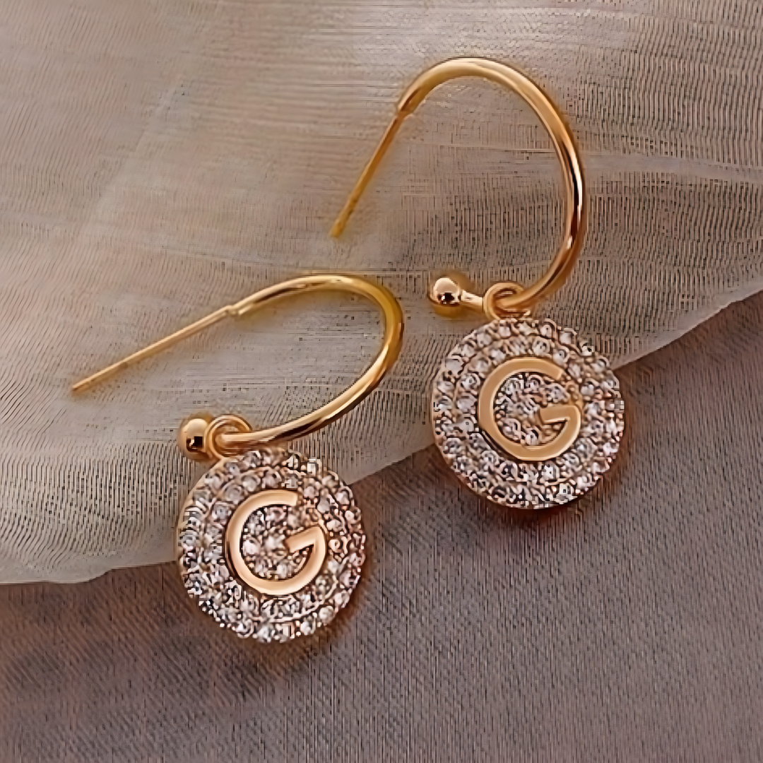 Gold G Letter Drop Earrings Women – Sparkling Round Crystal Dangle Earrings 688