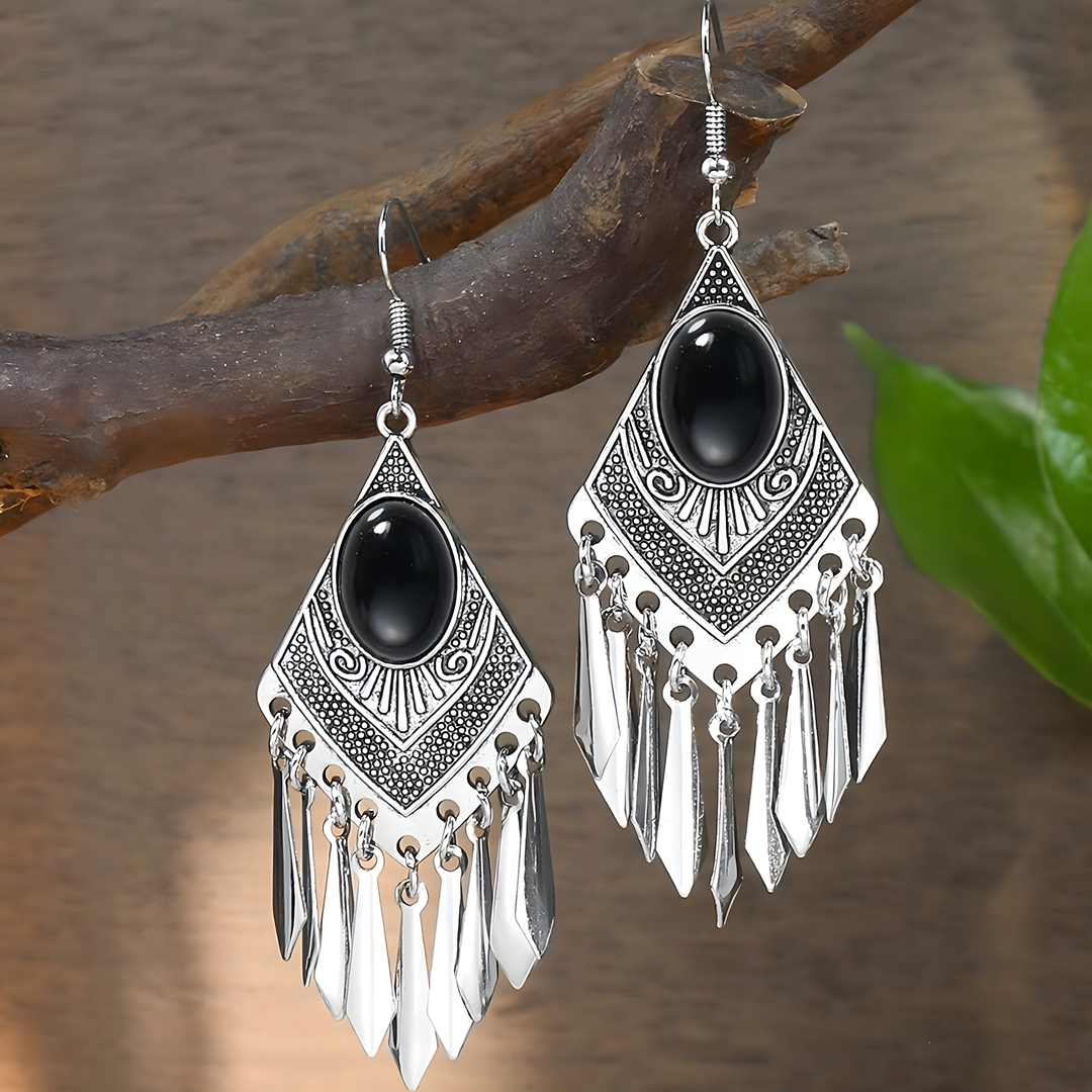 Retro Silver Geometric Tassel Jewelry Set Women –Ethnic Black Stone Necklace 687