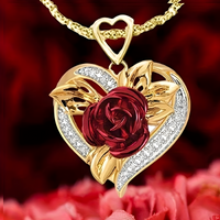 Gold Heart Red Rose Crystal Necklace | Romantic Floral Pendant Gift for Her B13