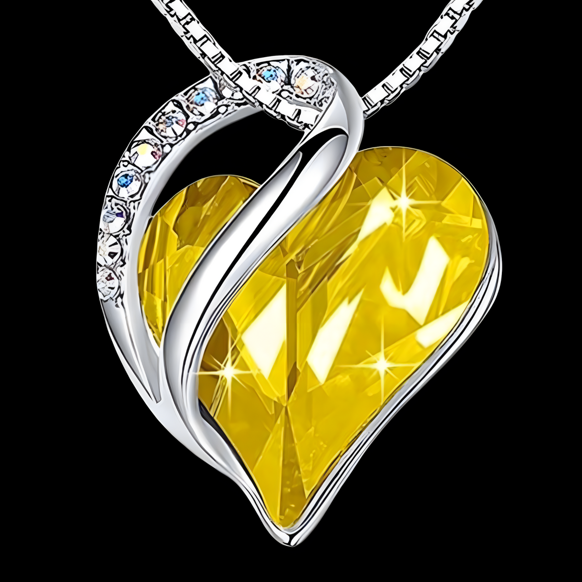 Women Silver Tone Alloy Necklace With Yellow Crystal Heart Charm Link Chain B315