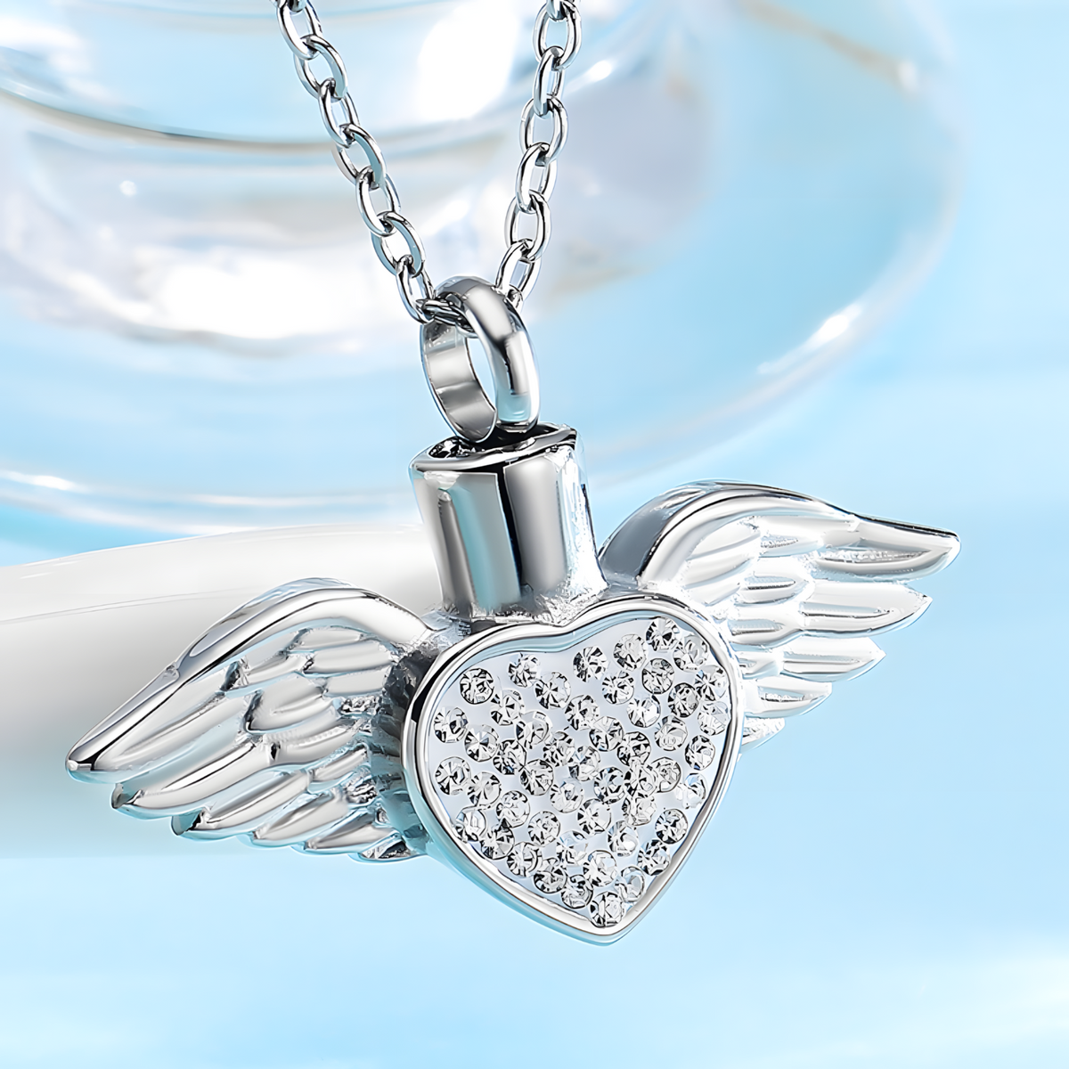 Angel Wing Heart Urn Necklace Ashes – Rhinestone Memorial Pendant,Cremation 1231