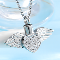 Angel Wing Heart Urn Necklace Ashes – Rhinestone Memorial Pendant,Cremation 1231