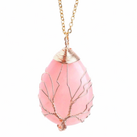 Gold Pink Crystal Tree Of Life Pendant Necklace For Women Oval Gemstone 1343