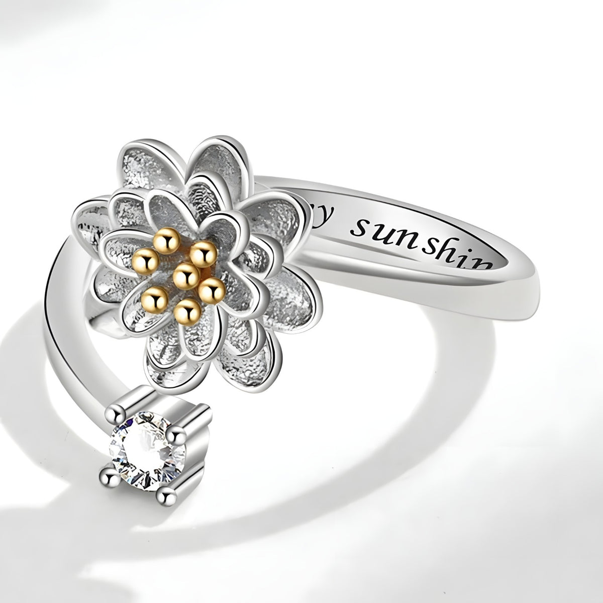 925 Sterling Silver Flower Spinner Ring - Adjustable Anxiety Ring Rotatable 394