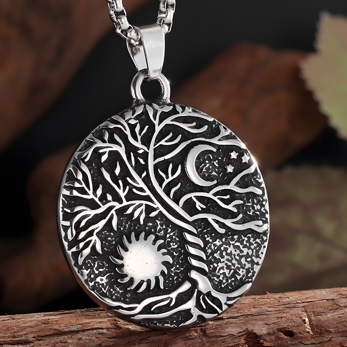 Vintage Tree Of Life Sun And Moon Pendant Necklace Celtic Nordic Round Rune 1093