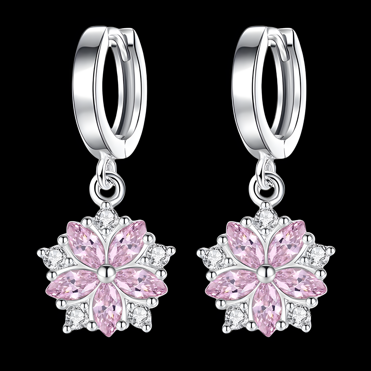 925 Silver-Plated Alloy Pink Petal Zircon Crystal Flower Earrings for Women 1047