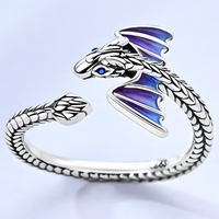 Adjustable Dragon Open Ring Silver Tone Rhodium-Plated Blue Enamel Wings 1441