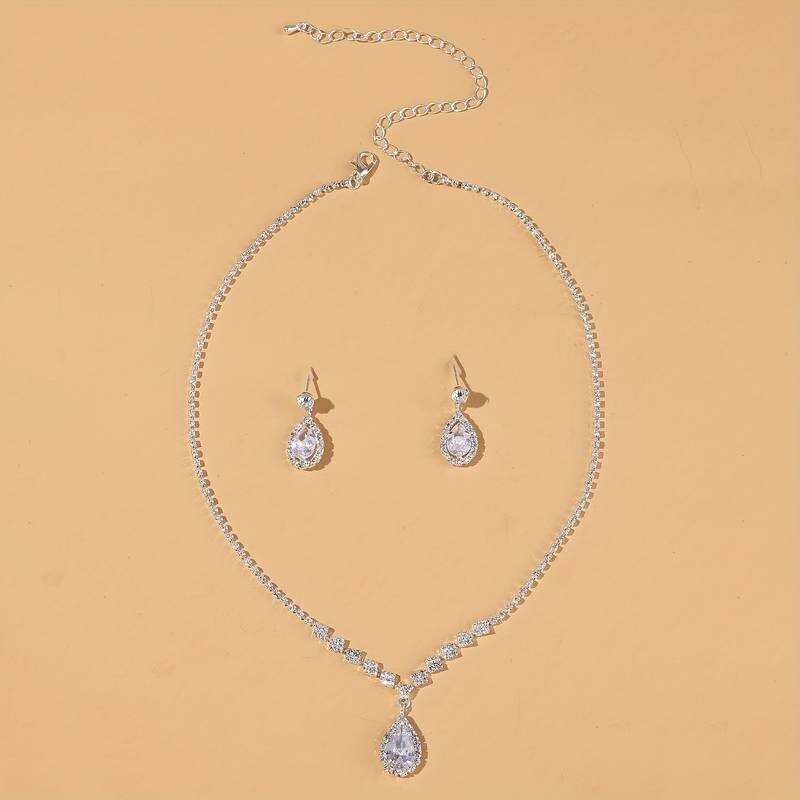 Women Silver Plated Zircon Pendant Necklace&Earring Fine Jewelry Set Wedding 59