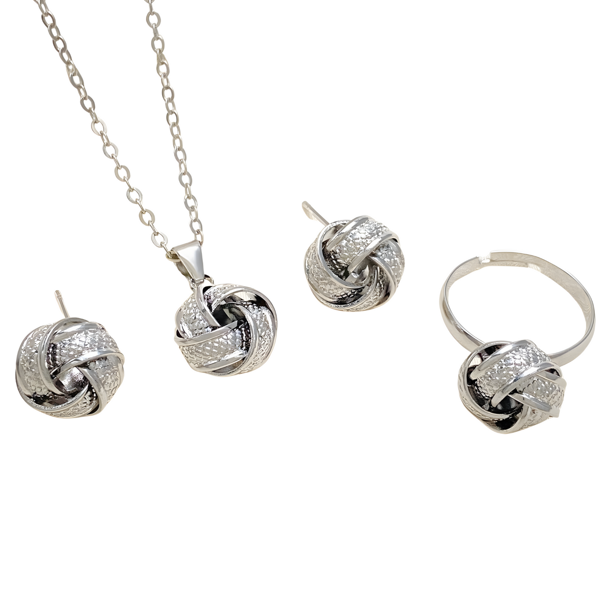 Twisted Knot Jewellery Set For Women, Silver Tone Pendant Necklace Stud 1717