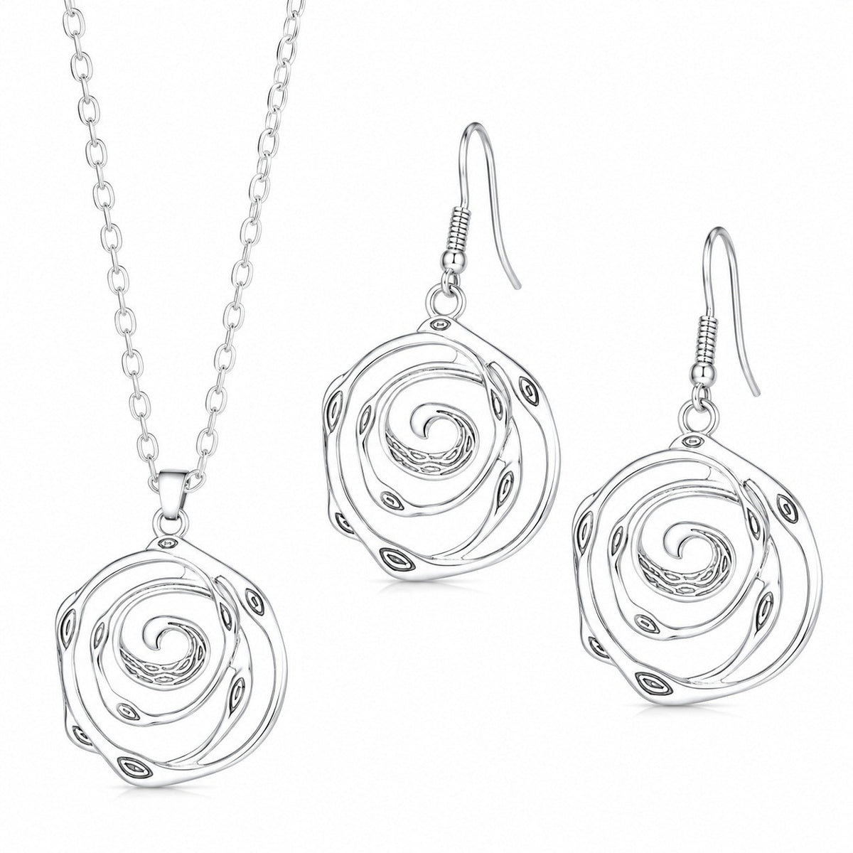 Spiral Rose Jewellery Set Women, Antique Silver Tone Hollow Floral Pendant 1716
