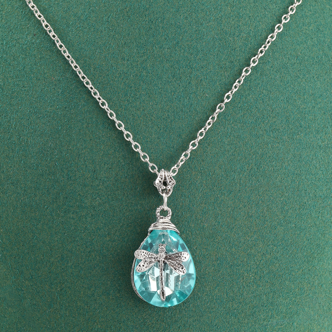 Dragonfly Teardrop Crystal Necklace For Women Silver Tone Aqua Blue Pendant B353