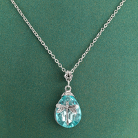 Dragonfly Teardrop Crystal Necklace For Women Silver Tone Aqua Blue Pendant B353