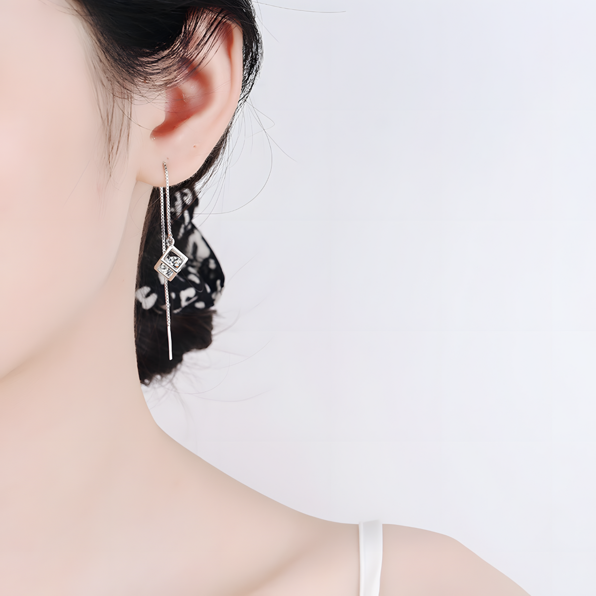 925 Silver-Plated Geometric Cube Zircon Drop Earrings Women Sparkling Round 924