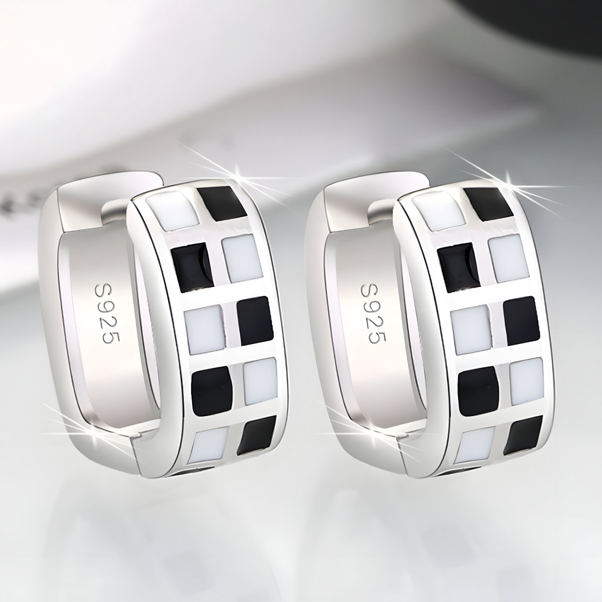 925 Silver-Plated Checkered Hoop Earrings for Women – Black & White Enamel 945
