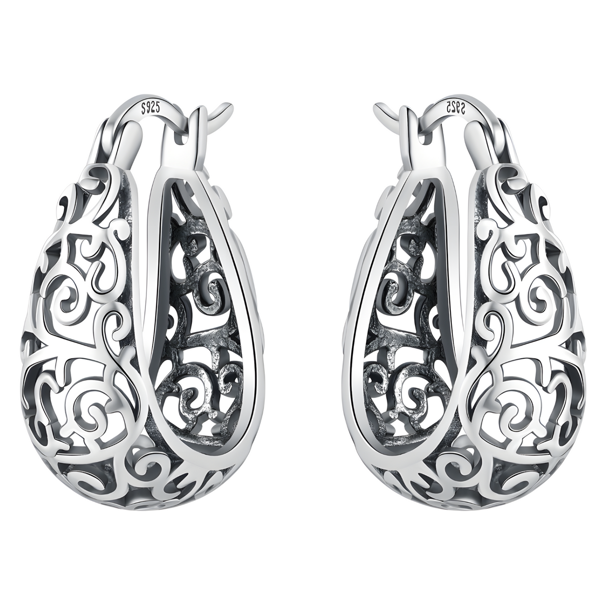 Womens 925 Sterling Silver Vine Pattern Hoop Earrings Hinged Snap Closure B47