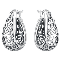 Womens 925 Sterling Silver Vine Pattern Hoop Earrings Hinged Snap Closure B47