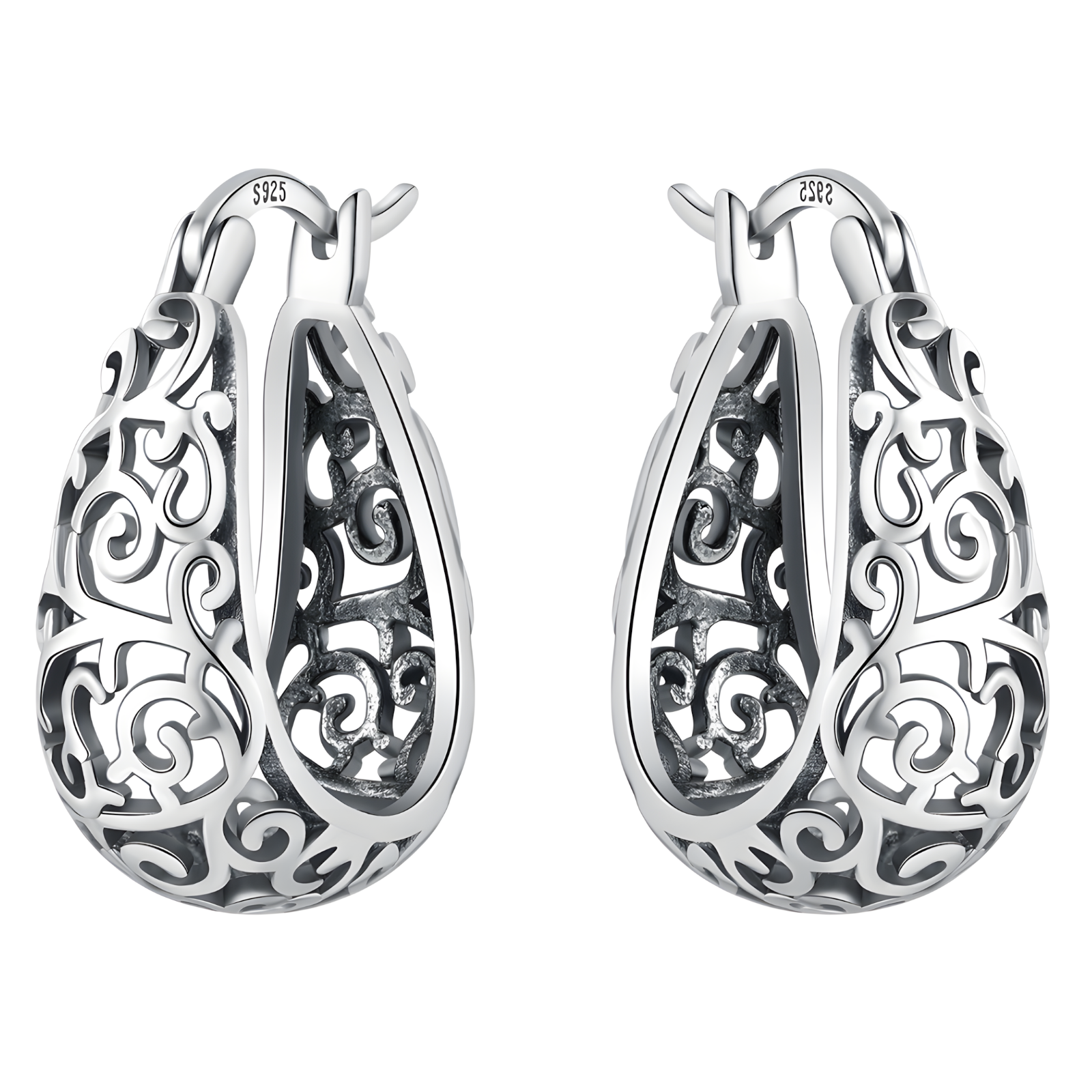 Womens 925 Sterling Silver Vine Pattern Hoop Earrings Hinged Snap Closure B47