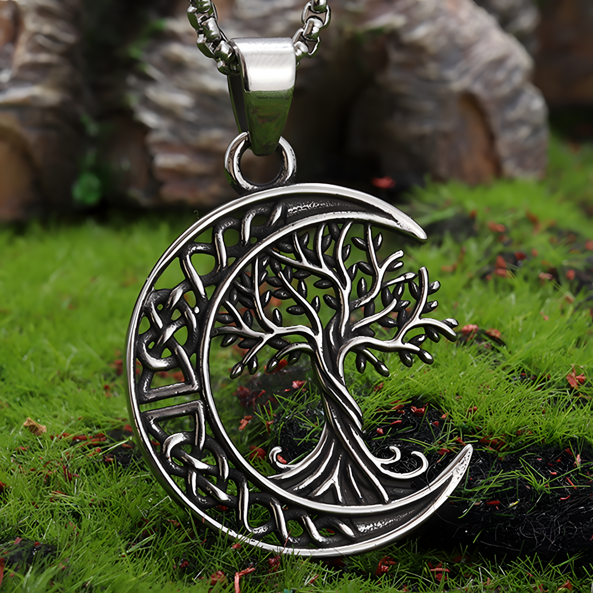 Stainless Steel Tree of Life Moon Pendant Necklace 600mm Chain Jewelry B25