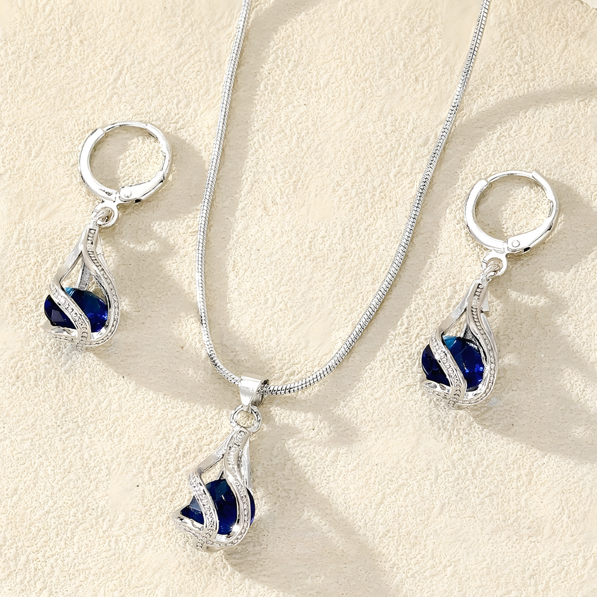 Blue Crystal Teardrop Jewellery Set Women, Silver Tone Water Drop Pendant 1718