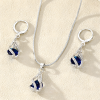 Blue Crystal Teardrop Jewellery Set Women, Silver Tone Water Drop Pendant 1718