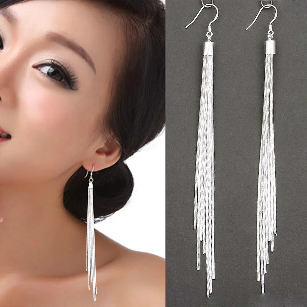 Long Silver Tassel Drop Earrings Women Multi-Strand Stainless Steel & Zinc 1001
