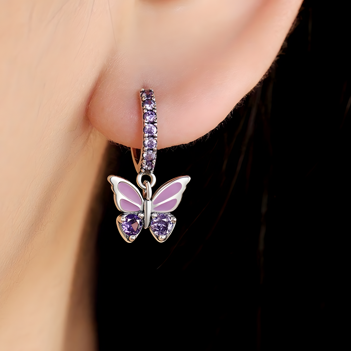 Sterling Silver Butterfly Dangle Earrings for Women 925 Silver Purple Zircon 845