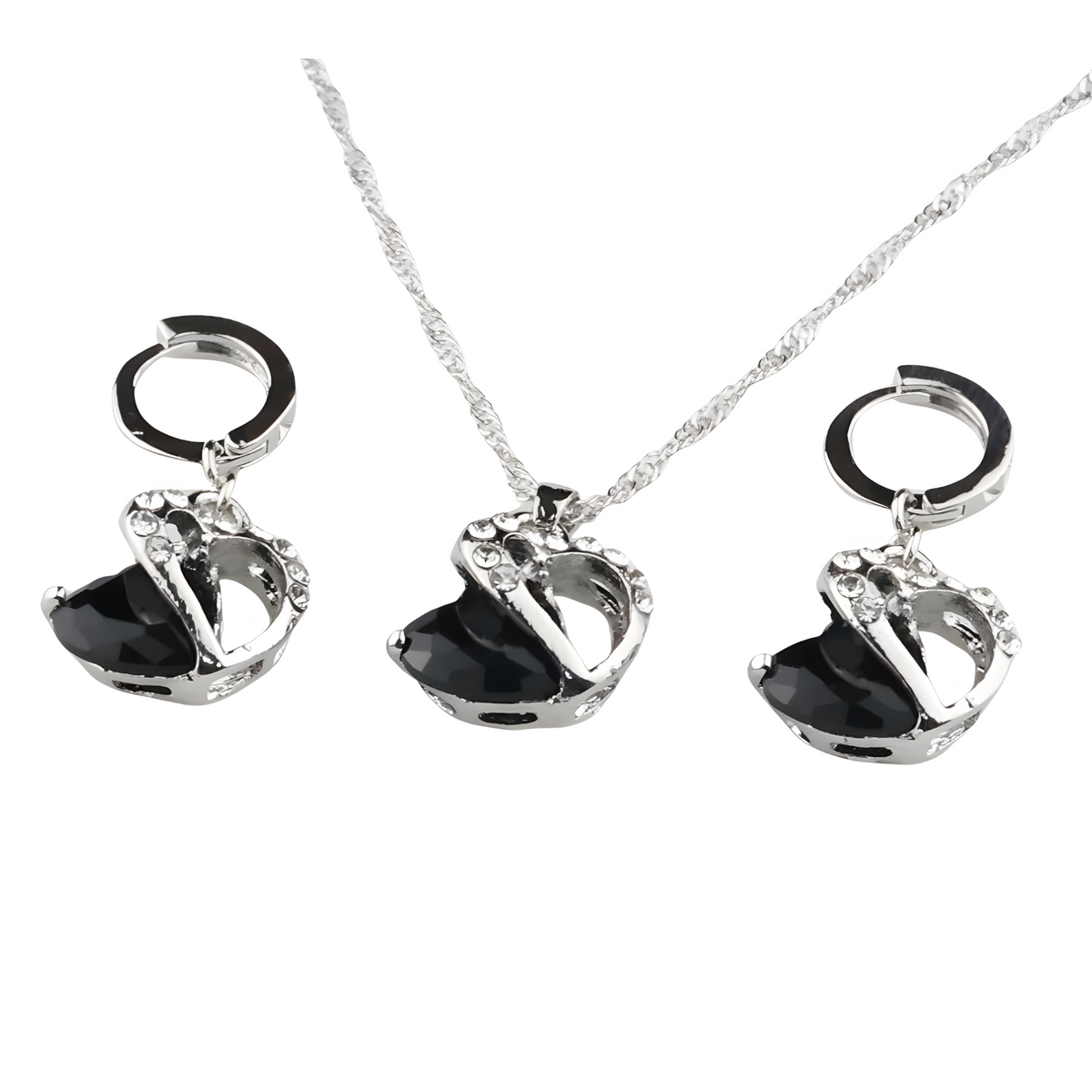 Jet Black Heart Necklace and Earrings Set for Women, Black Heart Pendant 1304