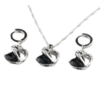Jet Black Heart Necklace and Earrings Set for Women, Black Heart Pendant 1304