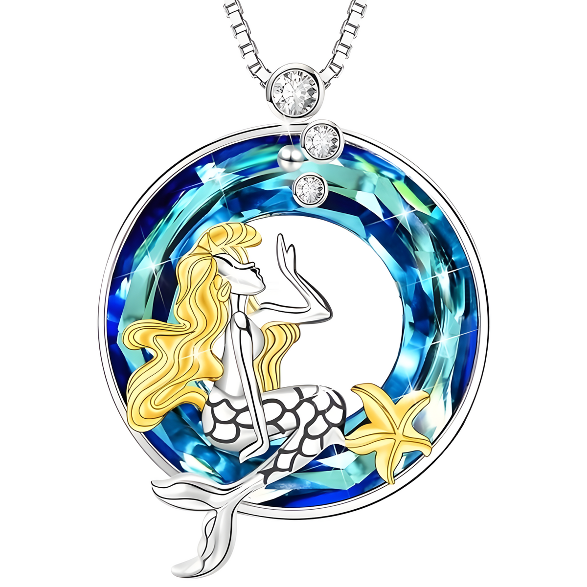 Enchanting Mermaid Blue Crystal Sterling Silver Necklace Perfect Ocean Lover B74