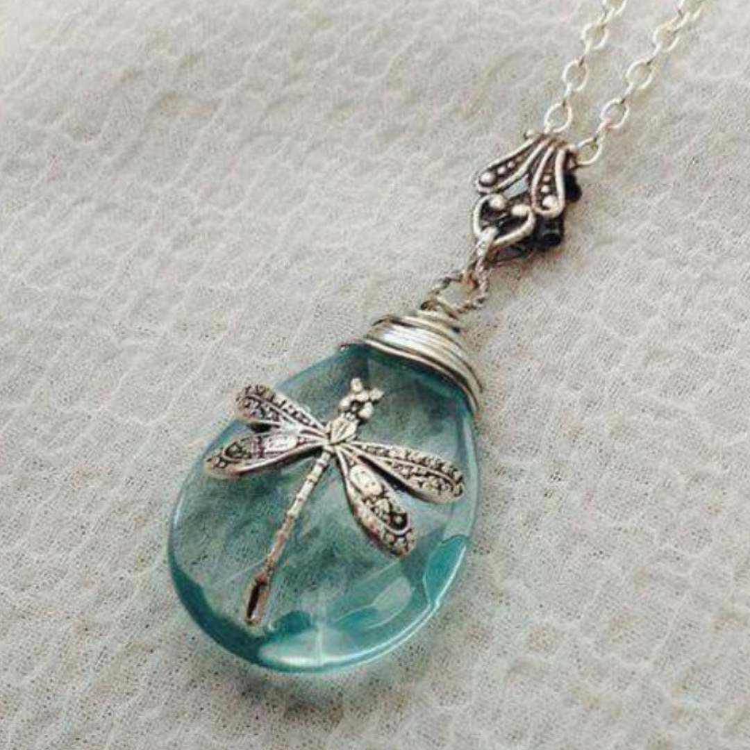Dragonfly Teardrop Crystal Necklace For Women Silver Tone Aqua Blue Pendant B353