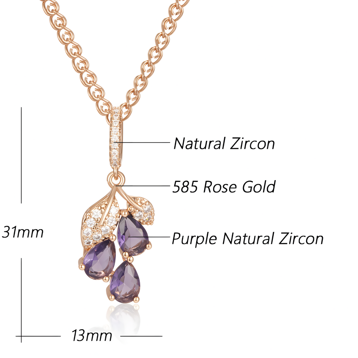 Purple Natural Zircon Pendant Necklace Copper, 585 Rose Gold Plated  1277