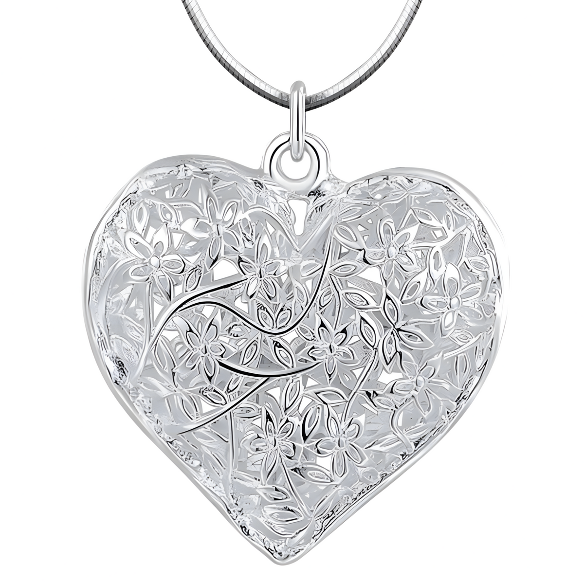 Filigree Heart Pendant Necklace for Women – Silver Plated Alloy Floral Cut 1101