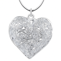 Filigree Heart Pendant Necklace for Women – Silver Plated Alloy Floral Cut 1101
